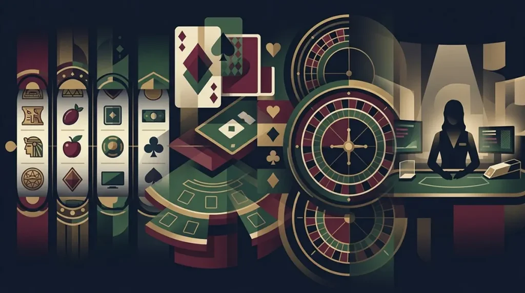 Abstract collage representing slots, table games and live casino categories