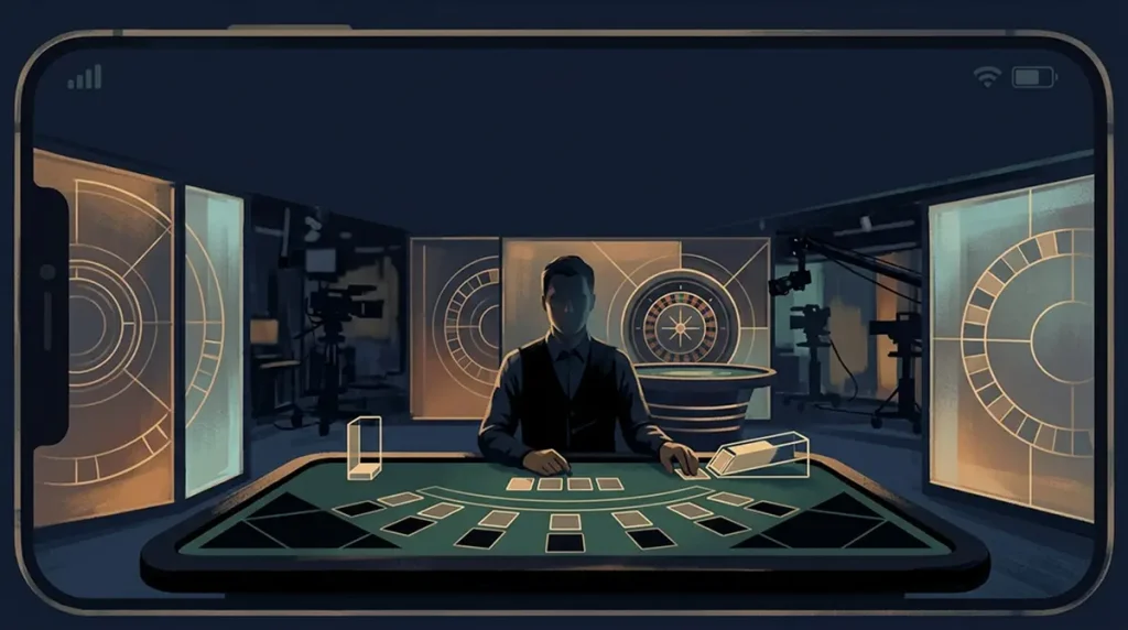 Generic live dealer table scene with cards and roulette elements