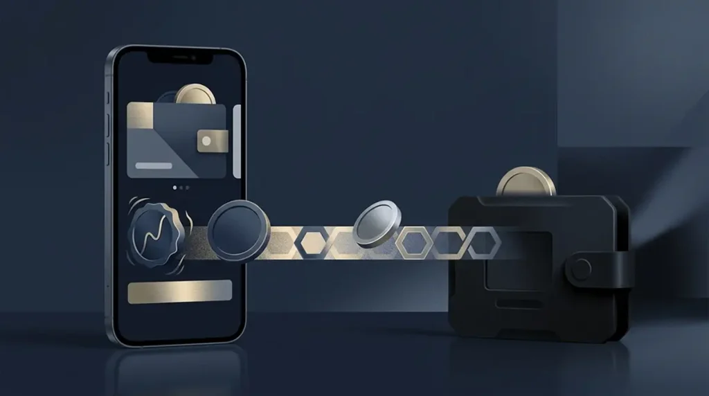 Illustration of a crypto wallet, blockchain transfer and stablecoin payment symbols