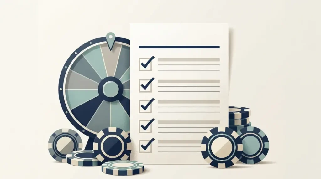 Illustration of a free-spins wheel beside a terms checklist