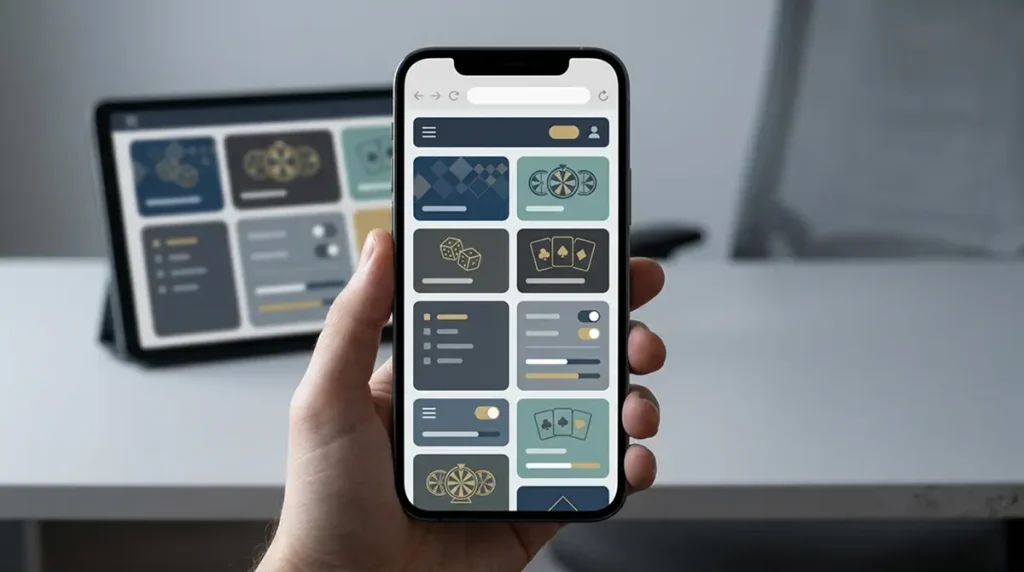 Illustration of a smartphone showing a generic mobile casino browser grid