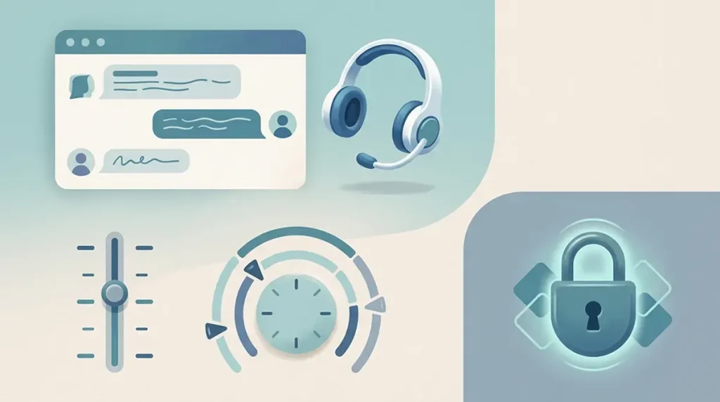 Illustration of a support chat window beside safer gambling controls