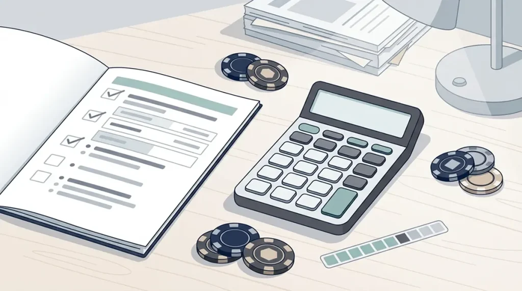 Illustration of a terms checklist and calculator used to review a casino bonus