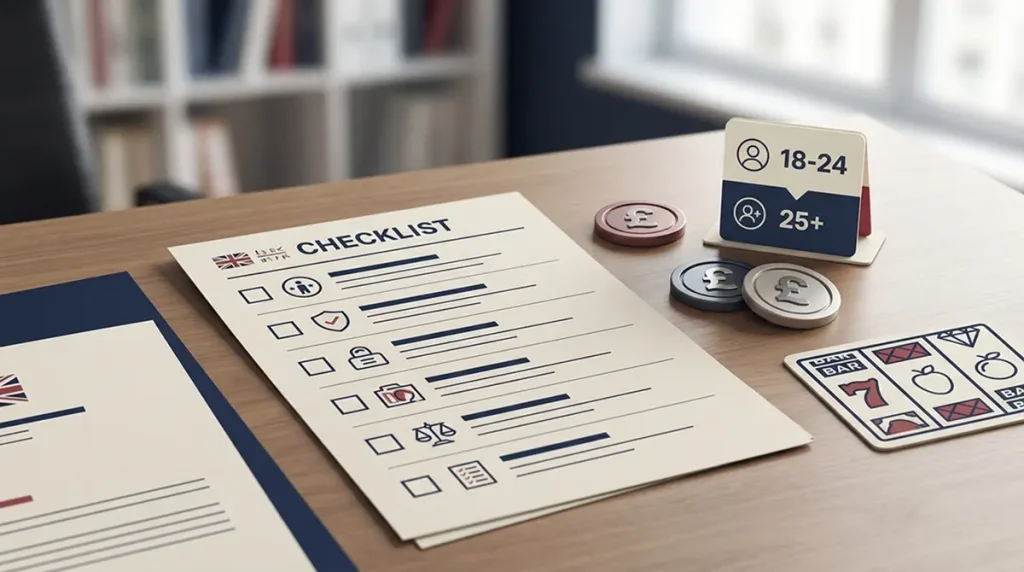 Illustration of a UK gambling rules checklist with pound and slot symbols