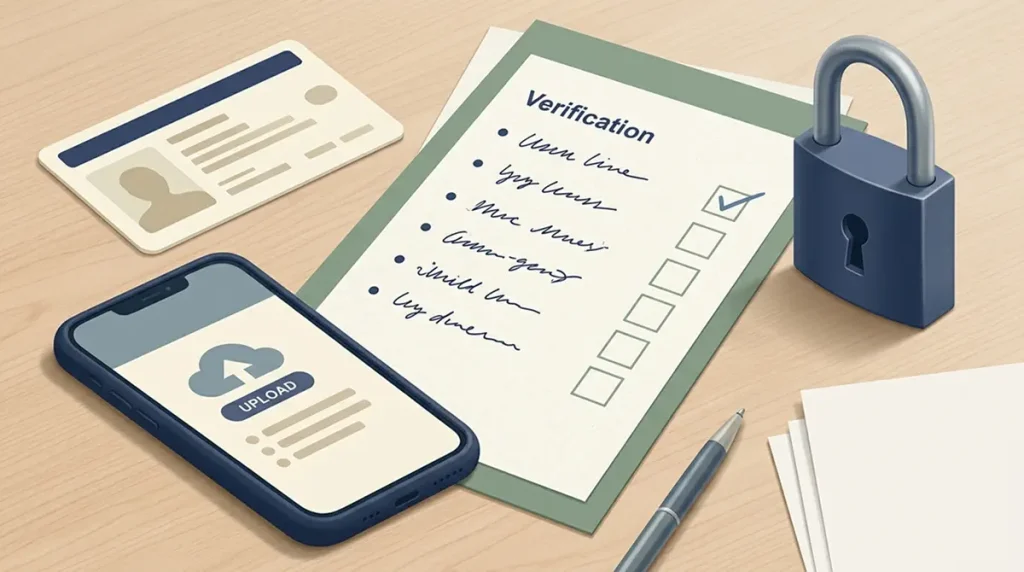 Illustration of an identity verification checklist beside a secure padlock
