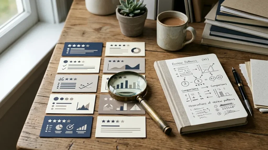 Illustration of review cards, rating symbols and a magnifying glass