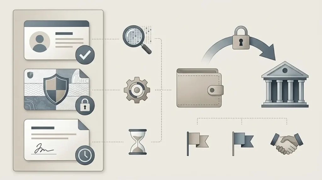 Withdrawal checklist with payment and identity verification icons